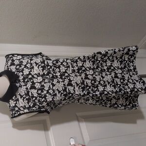 ✅Black White Floral Print Dress Kling Dress Preppy Peter Pan Collar Tennis Mini